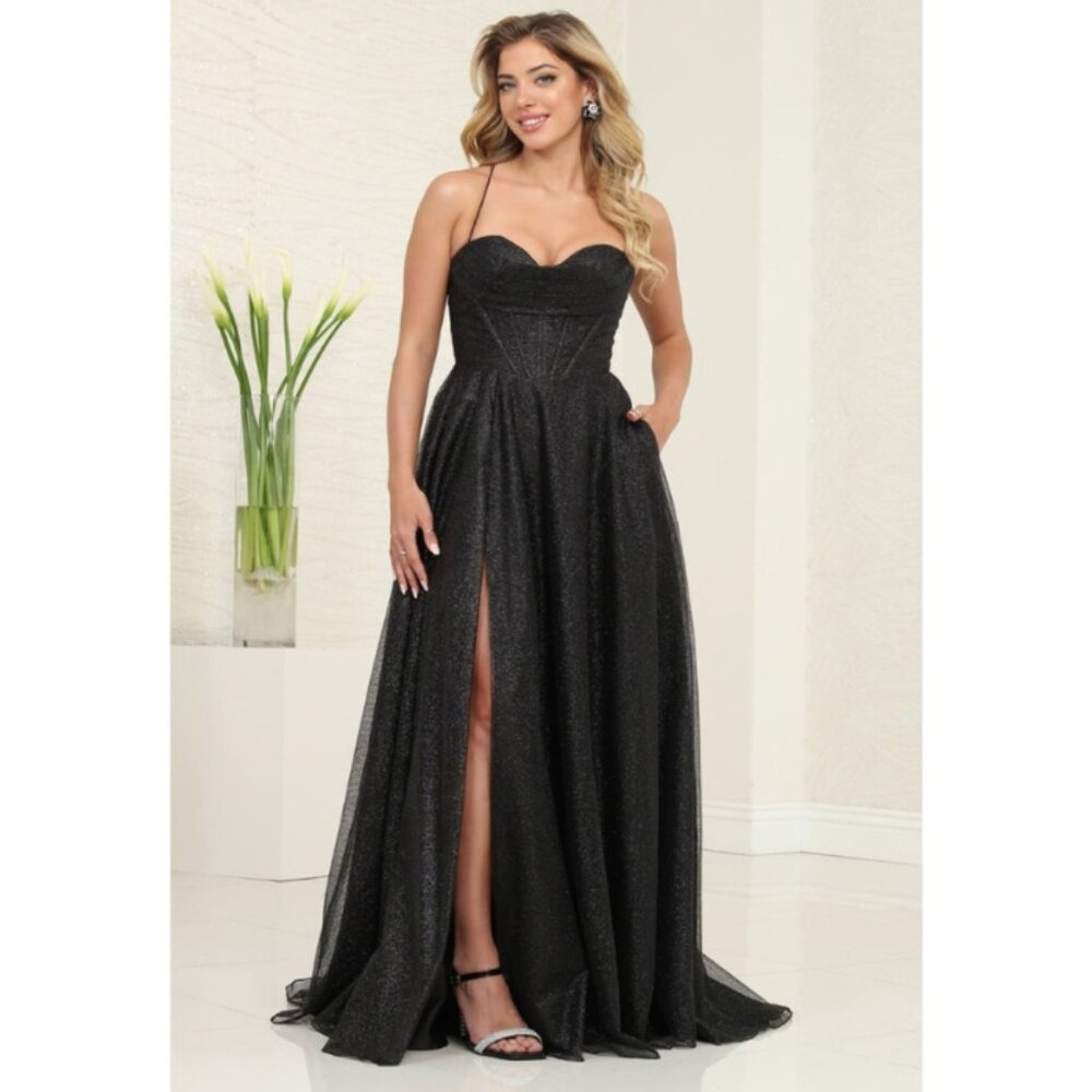 Black Evening Sweetheart Spaghetti Straps A-Line Dress By May Queen MQ2064